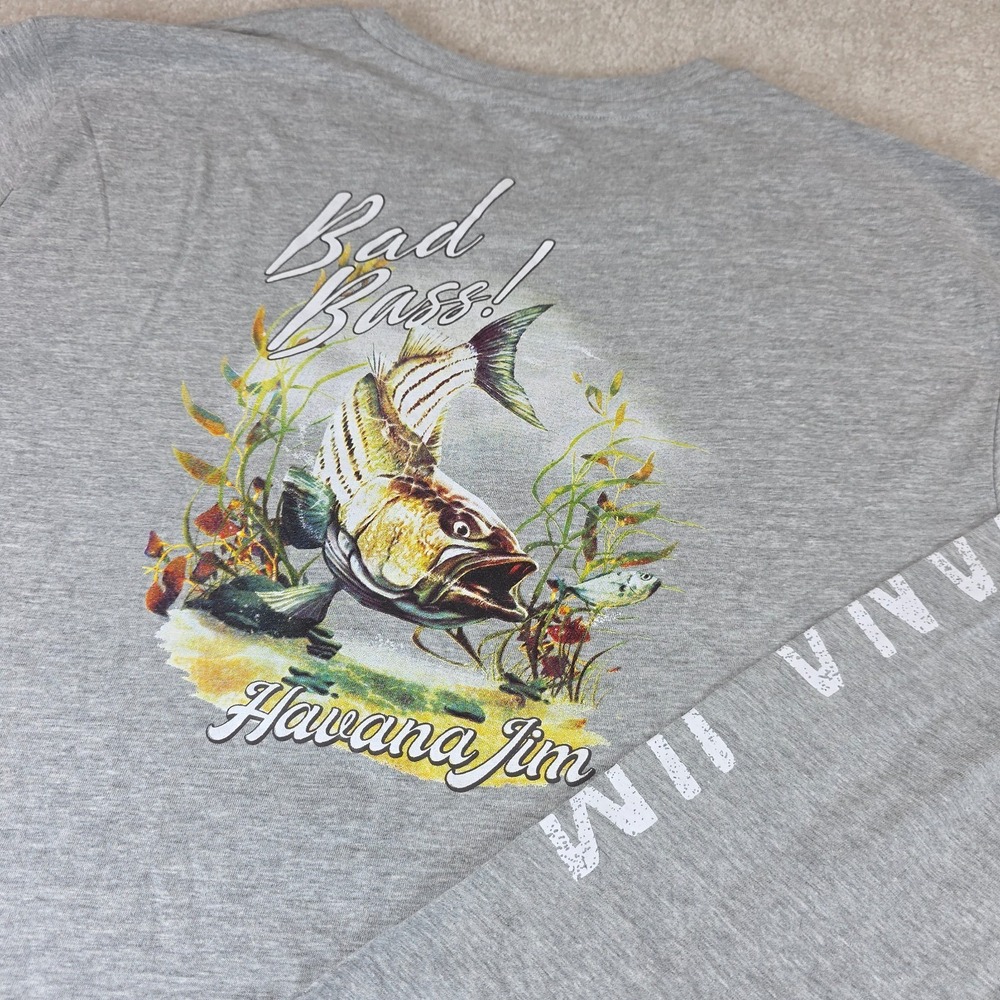Havana Jim T-Shirt Mens XL Heather Gray Bad Bass! Graphic Cotton Long Sleeve